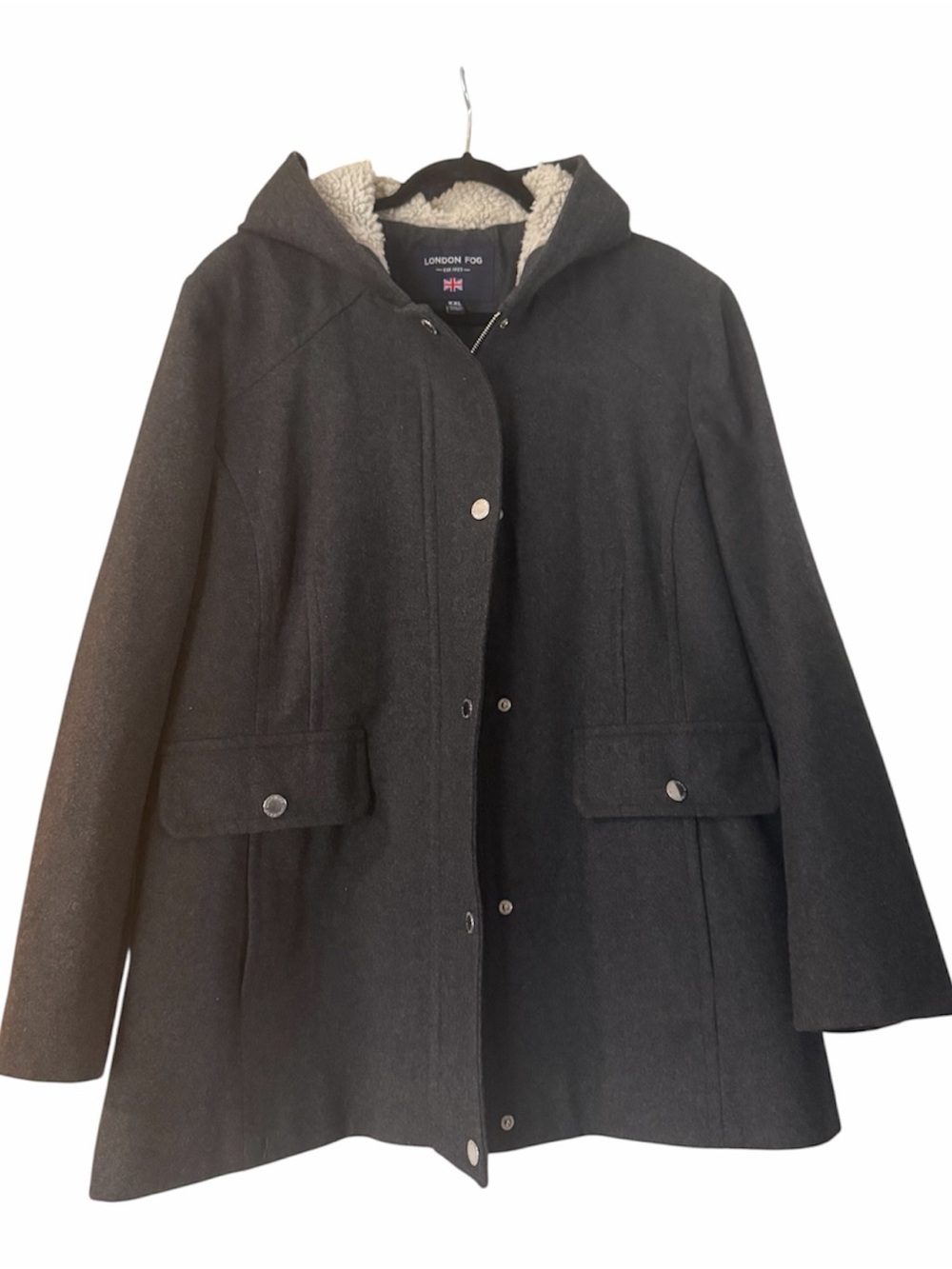 London Fog Dark Charcoal Gray Wool Blend Sherpa Hooded Peacoat Jacket Size XXL